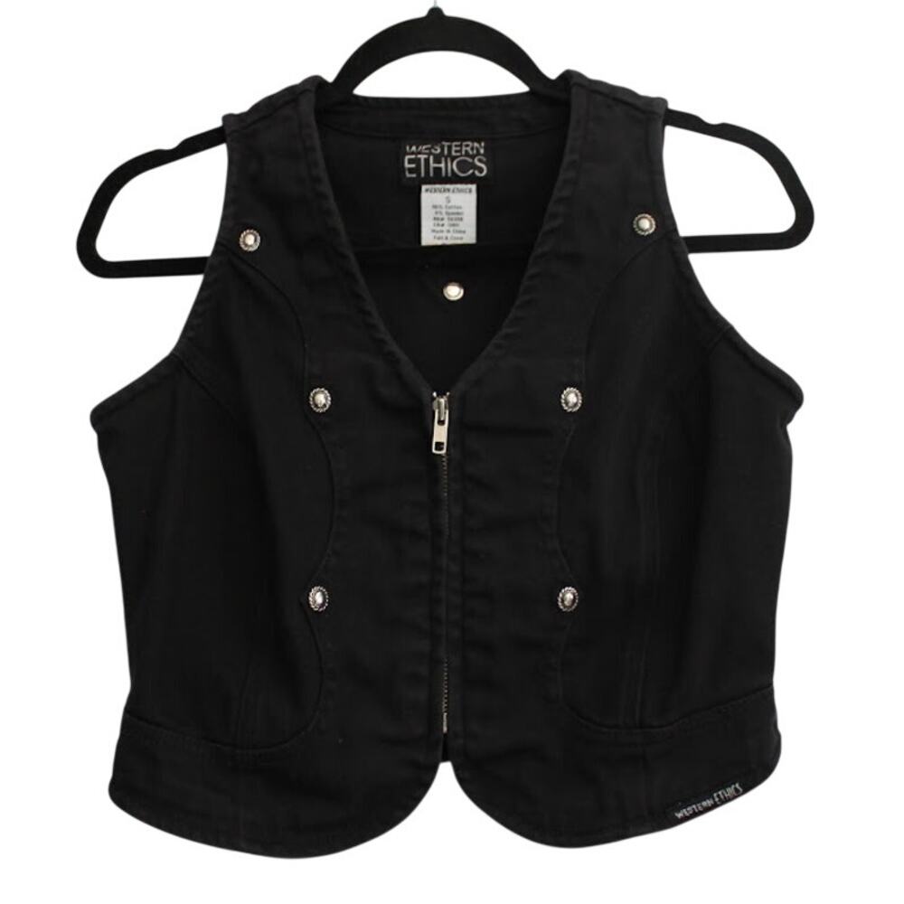 WESTERN ETHICS | Black Zip Up Studded Denim Country Western Cropped Zip Vest S